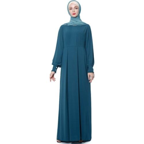 Womens Frilled Bishop Sleeve Maxi Dress Round Neck Simple Plain Chiffon Long Dress Muslim Abaya Robe Formal Wear