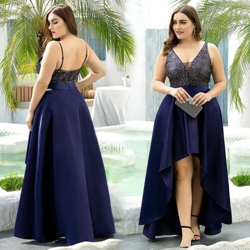 Plus Size V-neck Evening Dresses Women Elegant Party Dresses Sleeveless Banquet Dresses Navy Blue Backless Dresses