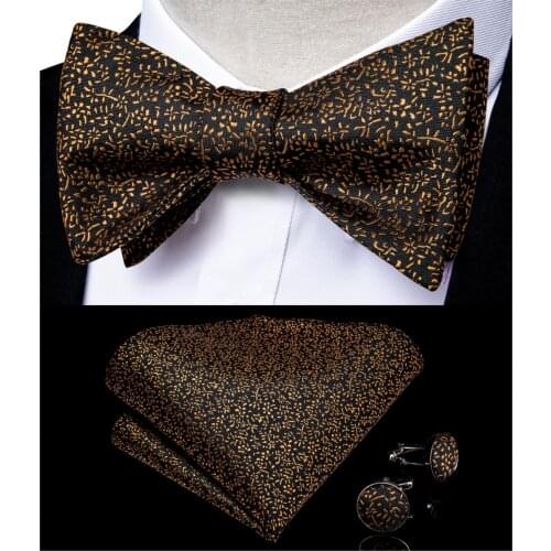 Gold Black Floral Bowtie for Men Silk Ajustable Butterfly Hanky Cufflink Bowtie Set for Wedding Party DiBanGu Design JM-095