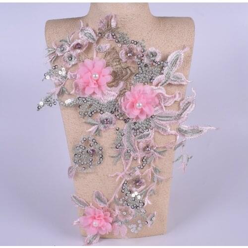 1Pc Pink Flower Mesh Lace Fabric Wedding Appliques Sew Patches Lace Embroidery For Evening Dress DIY Decoration