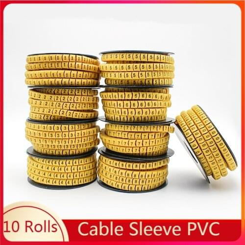 10 Rolls/Lot 1mm - 6mm Square Wire Cable Marker Cable Sleeve PVC Number 0-9 1.5mm 2.5mm 4mm 6mm