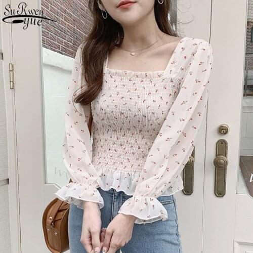 2021 New Sweet Long Sleeve Fashion Women Blouses Printed Floral Blusas Mujer Shirts for Woman Korean Ruffled Blouses 10311