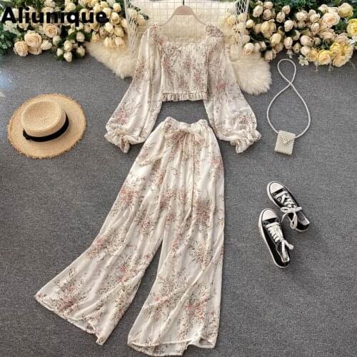 Aliunique New Chiffon Floral Dress for Women Summer Fashion LuxuryBohemian Vacation Beach 2pcs Set High Waist Pleated Skirt Suit