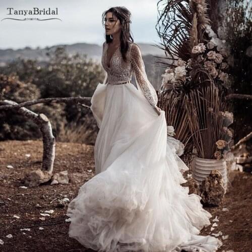 Boho Dreamy A Line Wedding Dresses Full sleeve Gold Belt Bridal Gowns Robe de soriee Maxi Noivas DW187