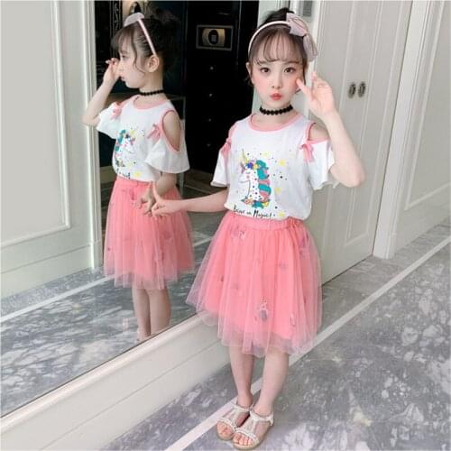 Children Clothes Summer Cotton Teenage Girls Clothes Set T-shirt+Mesh Dress Girls Suit Kids Clothes For Girls 4 6 8 10 12 Years