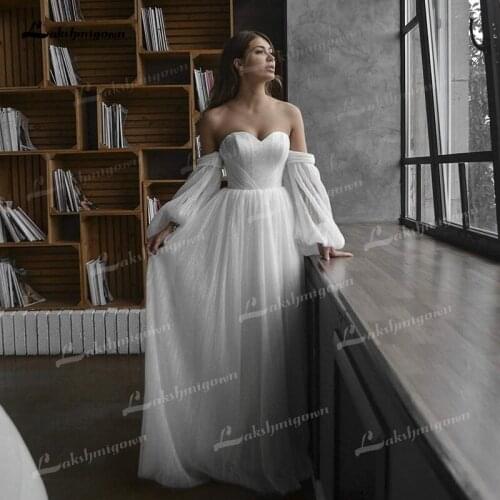 Elegant Tulle A-Line Wedding Dresses Sweetheart Neck Removable Puff Three Quarter Sleeve Backless Sweep Lace Up Train Bride Gown