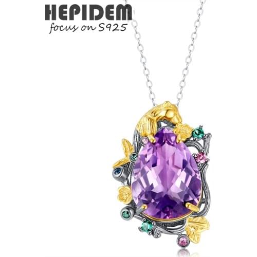 HEPIDEM 100% Amethyst 925 Sterling Silver Pendant Necklace Women Purple Big Size Stone Gem Gemstones Gift S925 Fine Jewelry 7003