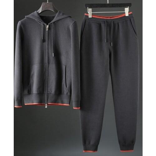 Classic Wool Male Suits (sweaters+pants) Luxury Autumn Winter Hooded Knitting Zipper Mens Sets Fashion Fit Man Mens 3XL