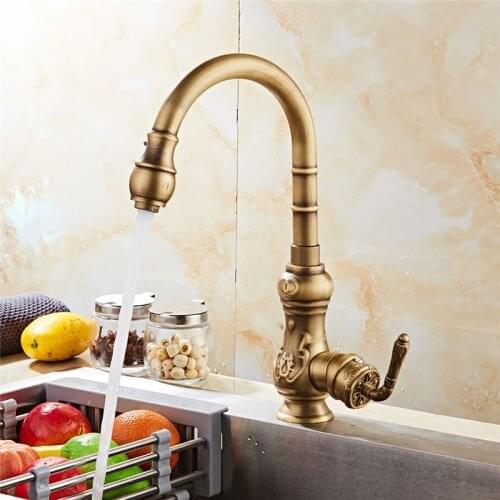 Kitchen Faucet Antique Brass Carved Kitchen Faucet Copper Swivel Kitchen Sink Mixer Tap Crane Faucet Hot Cold Cocina Torneira