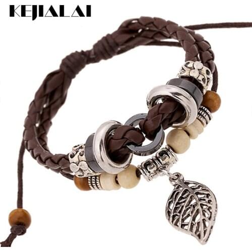 New Multilayer PU Leather Bracelet Couple Jewelry Unisex Retro Vintage Weave Leather Leaf Charm Bracelets Cowhide Band