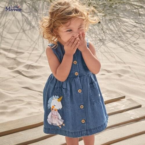 European And American Summer Girl Dress Sleeveless Denim Children Horse Printing Fashion Dresses Robe Princesse Enfant Fille