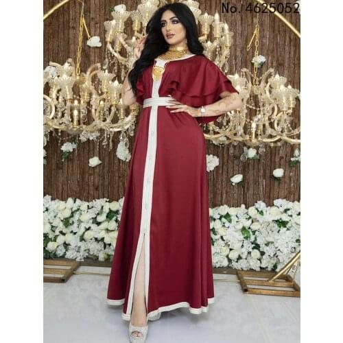 Soft Satin Jalabiya Hijab Dress for Women Fashion Ribbon Muslim Dubai Arabic Moroccan Kaftan Maroon Ruffle Short Sleeve