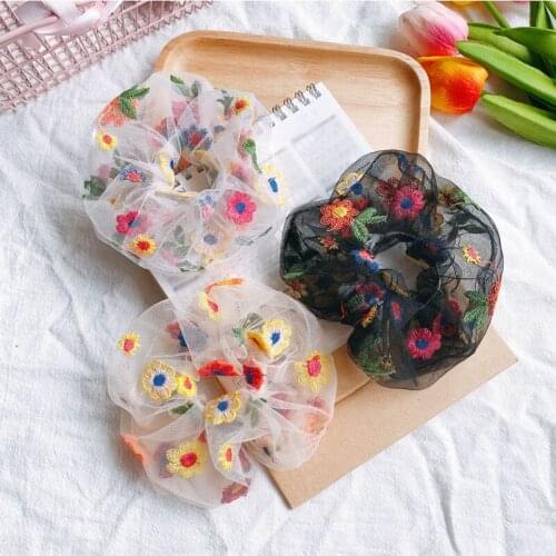 HOT Chic Elastic Hair Bands Colorful Embroidery Flower Transparent Net Yarn Hair Rope for WomenHair Accessories