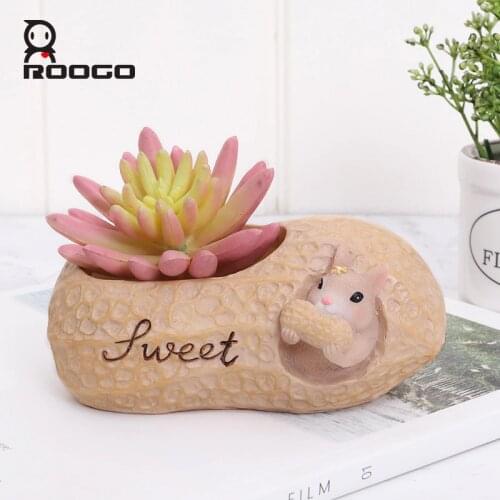 Roogo Cute Resin Animal Pots For Flowers Squirrel Nuts House Cachepot Cartoon Flower Pot Succulent For Home Garden Decoration