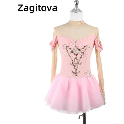 Pink Figure Skating Dress Fingerpoint Sleeves Ice Skating Skirt Long-Sleeved Princess Skirt Pouf Skirt Competition Dresses