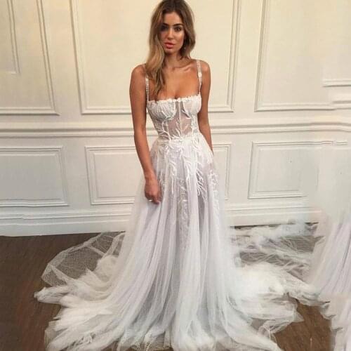 Sexy Spaghetti Straps A Line Wedding Dress 2020 Vestidos De Novia Lace Bridal Gown Elegant Backless Wedding Gowns Mariage