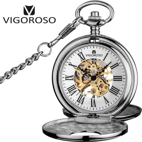 Silver Tone Antique Mechanical Pocket Watch Skeleton Vintage Retro Hand Winding Steampunk FOB Chain Clock Pendant Men Women Gift