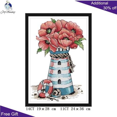 Joy Sunday Flowers Lighthous Mat Cross Stitch H801 14CT 11CT Counted and Stamped Home Decor Flowers Embroidery Cross Stitch kits
