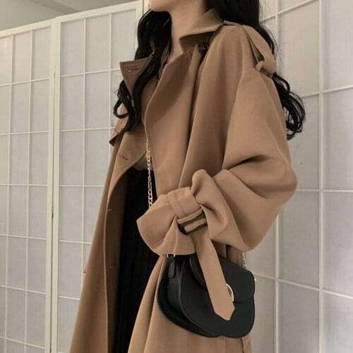 Evemri Wind coats Retro Mid long knee style windbreaker coat womens Korean autumn long sleeve loose casual cardigan coat