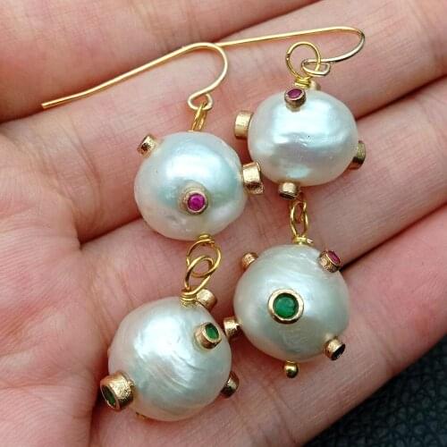 YYGEM handmade 12mm Natural Cultured White Keshi Edison Pearl Cubic Zirconia pave Gold Plated Hook Earrings cute wedding