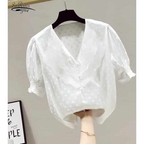 V-neck Lace Polka Dot Bubble Short Sleeve Women Tops Slim Jacquard Chiffon Shirt Summer 2021 French Retro Blouse for Women 15475