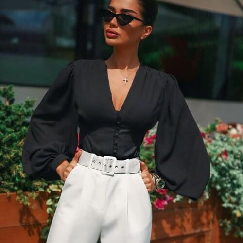 Sexy Deep V-Neck Women Shirts Black Button High Waist Lantern Long Sleeve Slim Temperament Elegant Single-breasted Shirts 2021