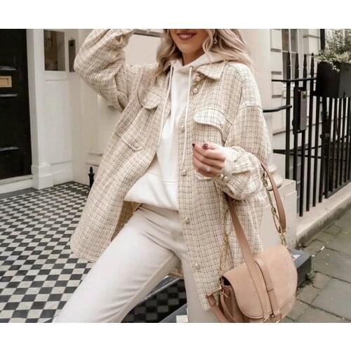 2020 Autumn Tweed Women Vintage Oversize Plaid Long Shirts Chic Ladies Streetwear Loose Shirt Elegant Female Outfits Girls