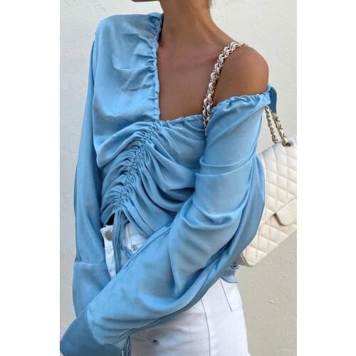 Sexy Shirts Ruched Drawstring Women Fashion 2021 V Neack Blue Casual Long Sleeve Tops Y2K Street Wear Ladies Blouses