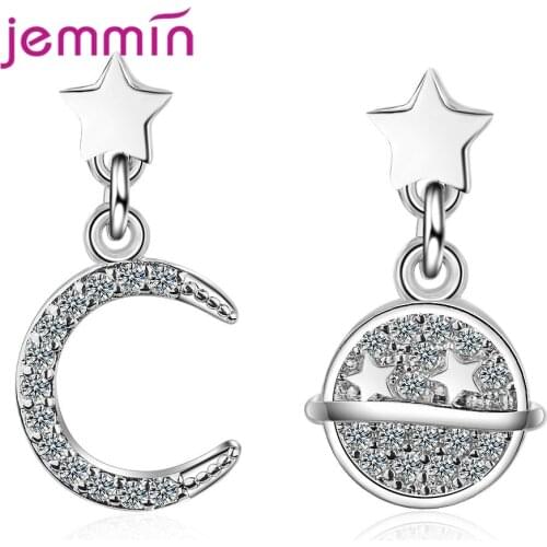 Cute 925 Sterling Silver Earrings Moon and Planet Charming Pendant Eardrop Brincos Jewelry Austrian Crystal Women Pendientes HOT