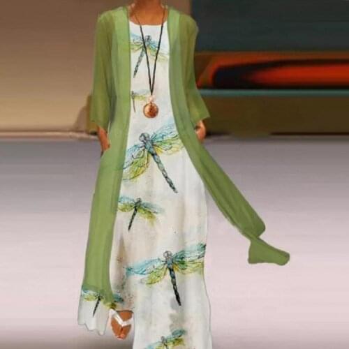 Autumn Elegant Floral Print Women Two Peice Sets Casual O Neck Loose Dress And Outwear Cardigan Coat Spring Fashion Robe Outfits