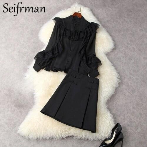 Seifrmann New 2021 Summer Women Fashion Runway Skirt Set Lantern Sleeve Loose Loose Tops + Black Printed High Waist Short Skirts