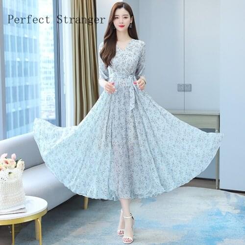 High Quality 2021 Summer Dress For Women V Collar Floral Printed Short Sleeve Women Chiffon Long Dress