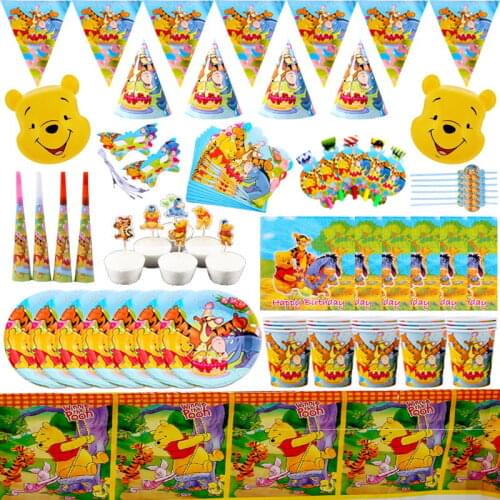 107Pcs/Set Winnie the Pooh Theme Party Tableware Sets Kids Birthday Party Decoration Disposable Plate Baby Shower Decor Supplies