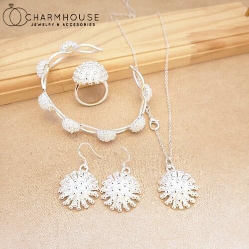 Silver 925 Jewelry Sets For Women Fire Flower Pendant Necklace Earrings Bracelet Ring 4 pcs Set Trendy Jewelry Accessories Gifts
