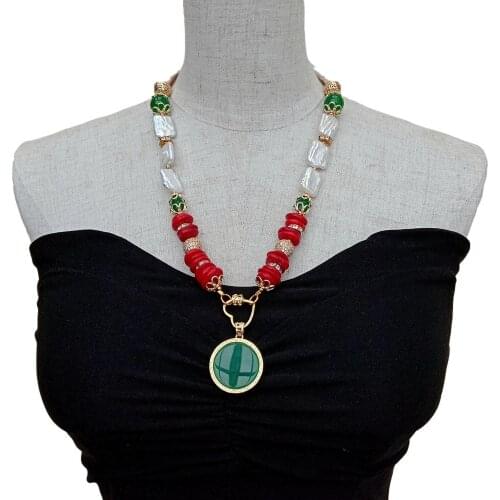 YYGEM Coin Shape Agate Pendant 24" Natural White Rectangle Pearl Green Jade Red Coral Necklace