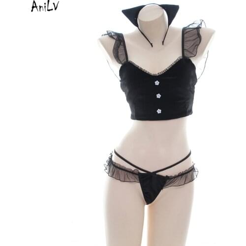 AniLV Black Cat Girl Sexy Ruffle Maid Swimsuit Costume Summer Back Bandage Swimwear Ear Tail Uniform Set Pool Party Cosplay