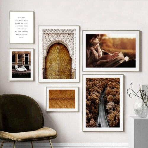 Car Morocco Door Forest Road Leaves Girl Quotes Wall Art Canvas Painting Nordic Poster Art Prints Wall Pictures For Living Room