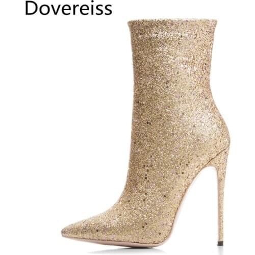 Dovereiss Fashion Womens Shoes Winter new Elegant Pure color gold silver Zipper Stilettos heels Ankle boots sexy Concise 33-43