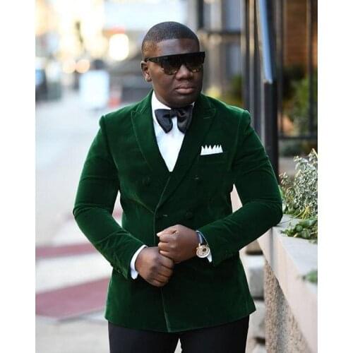 Double Breasted Dark Green Velvet Groom Tuxedos Peak Lapel Groomsmen Mens Wedding Suits Blazers (Jacket+Pants+Tie) W:605