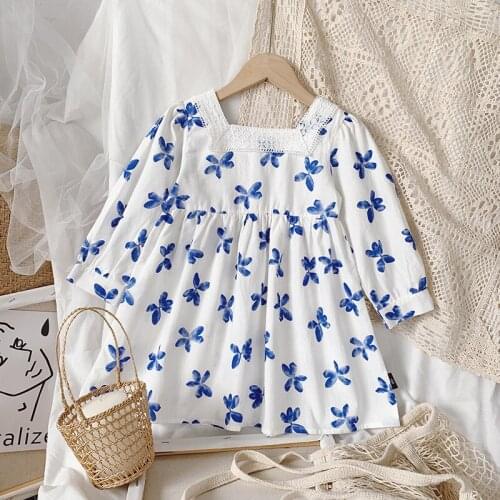 Baby Girls Elegant Dress Autumn Kids Flowers Print Princess Vestidos Long Sleeve Children Lace Square Collar Clothing 2-6T