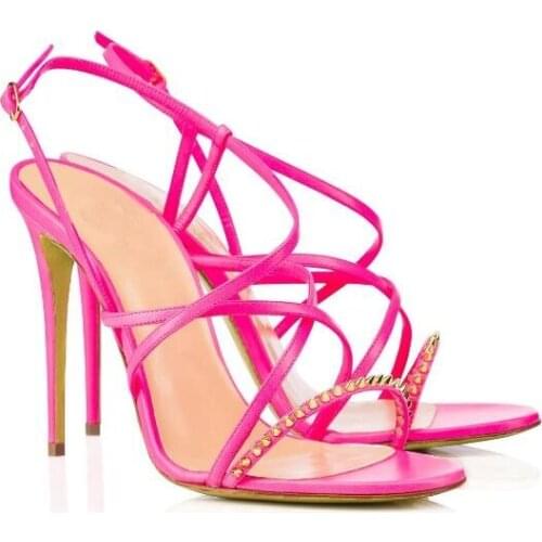 Factory Hot Pink Black Solid Color Rivets Sandals Woman Sexy Narrow Bands Buckle Strap Stiletto Heels Party Sandals Shoes