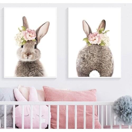 Diamond Painting Rabbit Bunny Tail Nursery Wall Art Picture Flower Animal Poster Child Painting Nordic Kid Baby Girls Room Decor