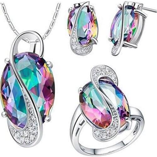 4 Pieces / Set Classic Ladies Colorful Rhinestone Wedding Jewelry Set Earrings+Pendant Necklace+Ring Bride Engagement