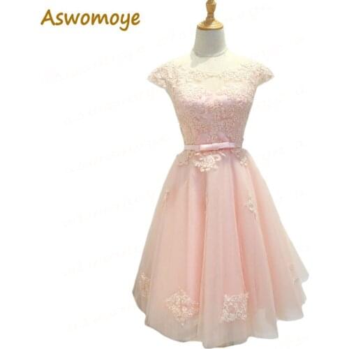 Aswomoye Short Evening Dress 2018 New Fashion Appliques Floral Wedding Party Dresses Bow Dress Lace Up robe de soiree