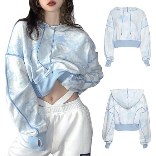 Fashion printed hooded long sleeved sweater, casual long sleeved hooded tie dyed printed belly button loose Pullover Sweatshirt