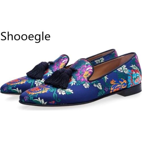 Men Blue-toned Multicolor Jacquard Canvas Slip On Men Casual Shoes Blue Fringe Tassel Shoes Floral Loafers Embroidery Flats
