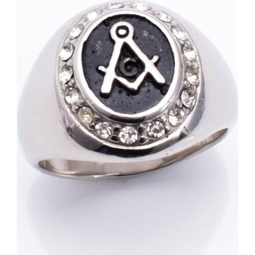 Mens Masonic Ring 316L Stainless Steel Clear Cz Crystal Vintage Freemason Ring