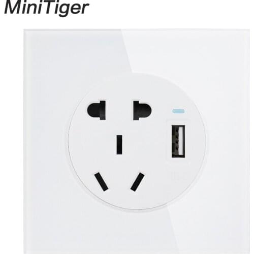 Minitiger Crystal Glass Panel 10A Wall Outlet Universal 5 Hole Power Socket With USB Fast Charging Port DC 5V 2.1A