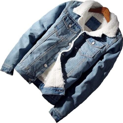 New Men Large Size Outerwear Warm Denim Coats Wool Liner Thicker Winter Denim Jackets 6XL Men Light Blue Winter Jean Jackets
