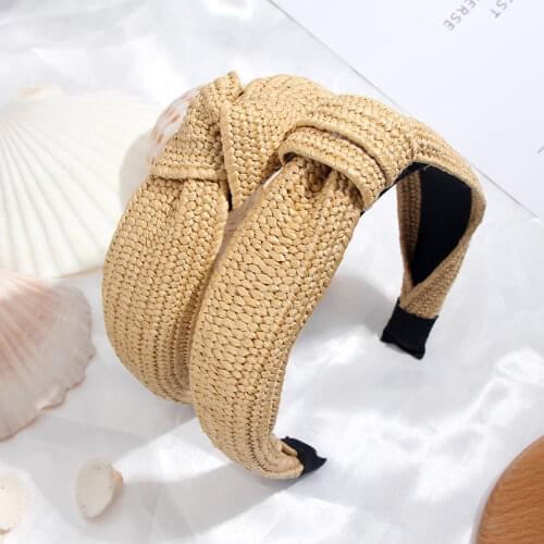 Flatfoosie Bohemian Hairband Summer Straw Weaving Knotted Headband for Women Cross Handmade Hair Hoop Hairband Hair Accessories